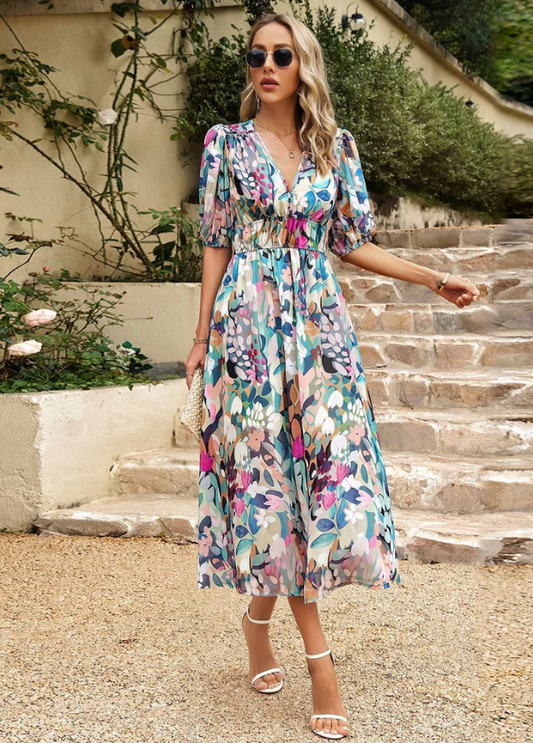 Estella™ | Flatterende Blomster Midi Kjole